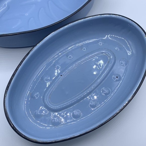 Vintage Black & Robin Egg Blue Small Enamel Roasting Pan with Lid - Picture 6 of 13